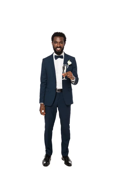 Happy African American Bridegroom Holding Champagne Glass Standing Isolated White — Stock Photo, Image