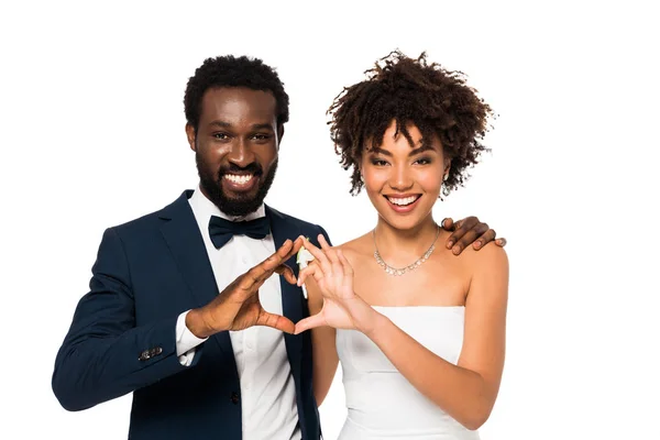 Happy African American Bridegroom Bride Showing Heart Hands Isolated White — Stock Photo, Image