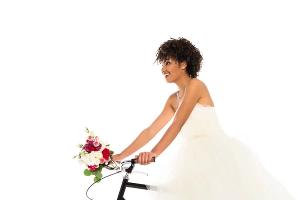 Low Angle View Attractive African American Bride Wedding Dress Holding — Stock Photo, Image