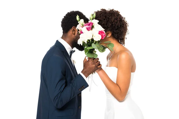 African American Bride Bridegroom Covering Faces While Holding Flowers Isolated Royalty Free Stock Photos