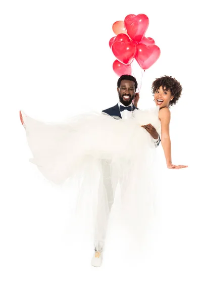 Felice Sposo Africano Americano Che Tiene Braccio Sposa Abito Sposa — Foto Stock