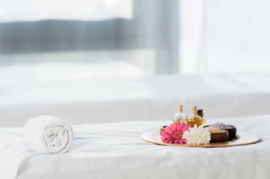 yağ şişeleri ile tepsi seçici odak, spa merkezinde deniz tuzu ve çiçek ile kase 
