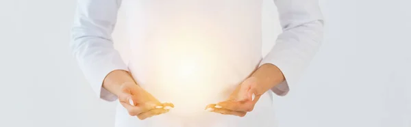 Panoramic Shot Healer Standing Gesturing Light Isolated White — Stock Photo, Image