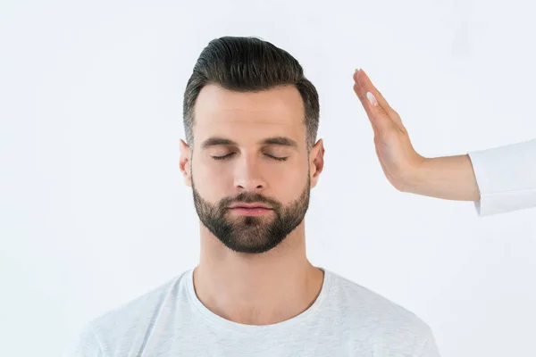 Cropped View Woman Healing Handsome Man Isolated White — Stock Photo, Image