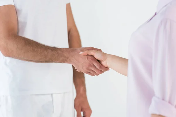 Cropped View Man Woman Shaking Hands Isolated White — Stock Photo, Image