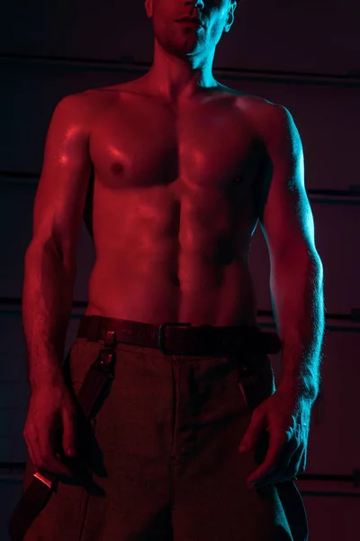 Cropped View Sexy Shirtless Fireman Darkness — Stock Photo, Image