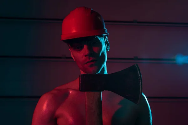 Sexy Shirtless Fireman Hardhat Holding Flat Head Axe Darkness — Stock Photo, Image