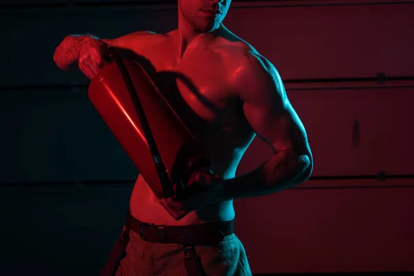 Cropped View Sexy Shirtless Fireman Holding Fire Extinguisher Darkness — Stock Photo, Image