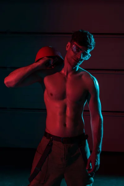 Sexy Shirtless Fireman Protective Goggles Holding Hardhat Darkness — Stock Photo, Image