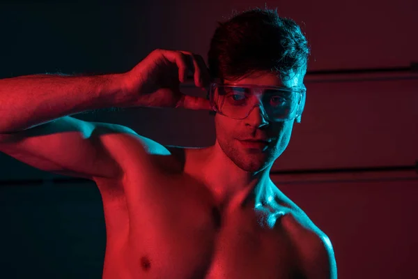 Sexy Shirtless Fireman Protective Goggles Darkness — Stock Photo, Image