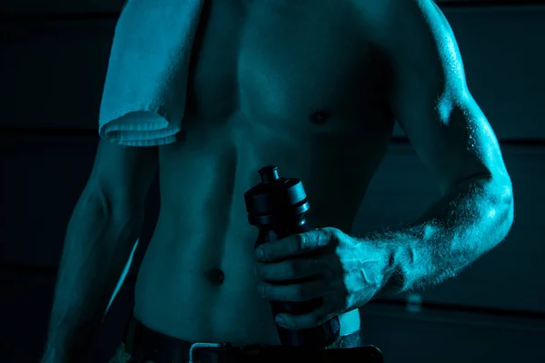 Partial View Sexy Shirtless Man Towel Holding Sport Bottle Darkness — Stock Photo, Image
