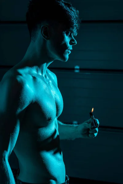 Sexy Shirtless Muscular Man Holding Lighter Darkness — Stock Photo, Image