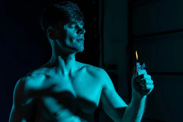 Sexy Shirtless Muscular Man Holding Lighter Darkness — Stock Photo, Image