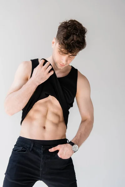 Sexy Muscular Man Black Sleeveless Shirt Showing Torso Hand Pocket — Stock Photo, Image