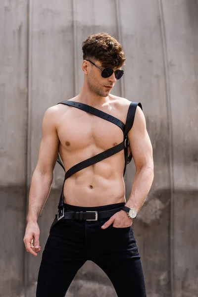 Stylish Sexy Man Black Sunglasses Sword Belt — Stock Photo, Image