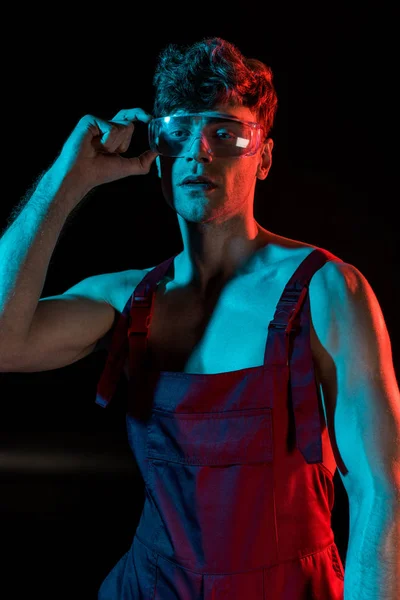 Sexy Shirtless Fireman Overall Touching Protective Goggles Black — Stock Photo, Image