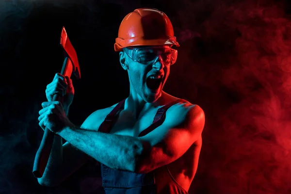 Worried Shirtless Fireman Hardhat Protective Goggles Holding Flat Head Axe — Stock Photo, Image