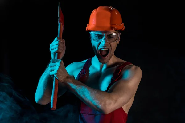 Worried Shirtless Fireman Hardhat Protective Goggles Holding Flat Head Axe — 스톡 사진