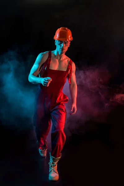 Full Length View Sexy Shirtless Fireman Overall Hardhat Protective Goggles — Stock Photo, Image
