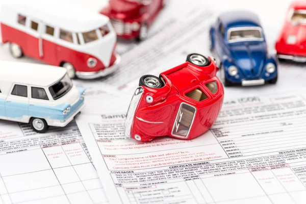 Selective Focus Colorful Toy Cars Insurance Documents — Stock Photo, Image