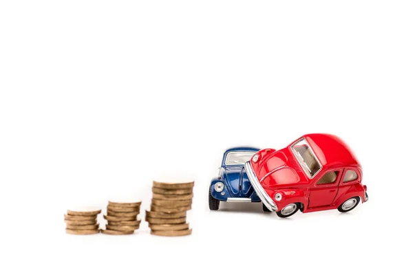 Red Blue Toy Cars Golden Coins White — Stock Photo, Image
