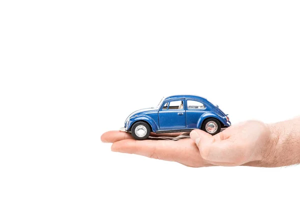 Cropped View Man Holding Blue Toy Car Isolated White — Stock Photo, Image