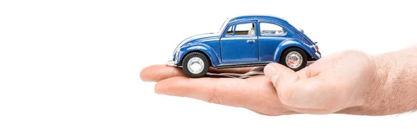 Panoramic Shot Man Holding Blue Toy Car Isolated White — Stok Foto