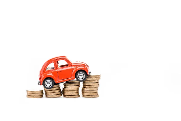 Red Toy Car Golden Coins Isolated White — Stock Photo, Image