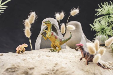 selective focus of toy dinosaurs standing near caves and plants on sand dune  clipart