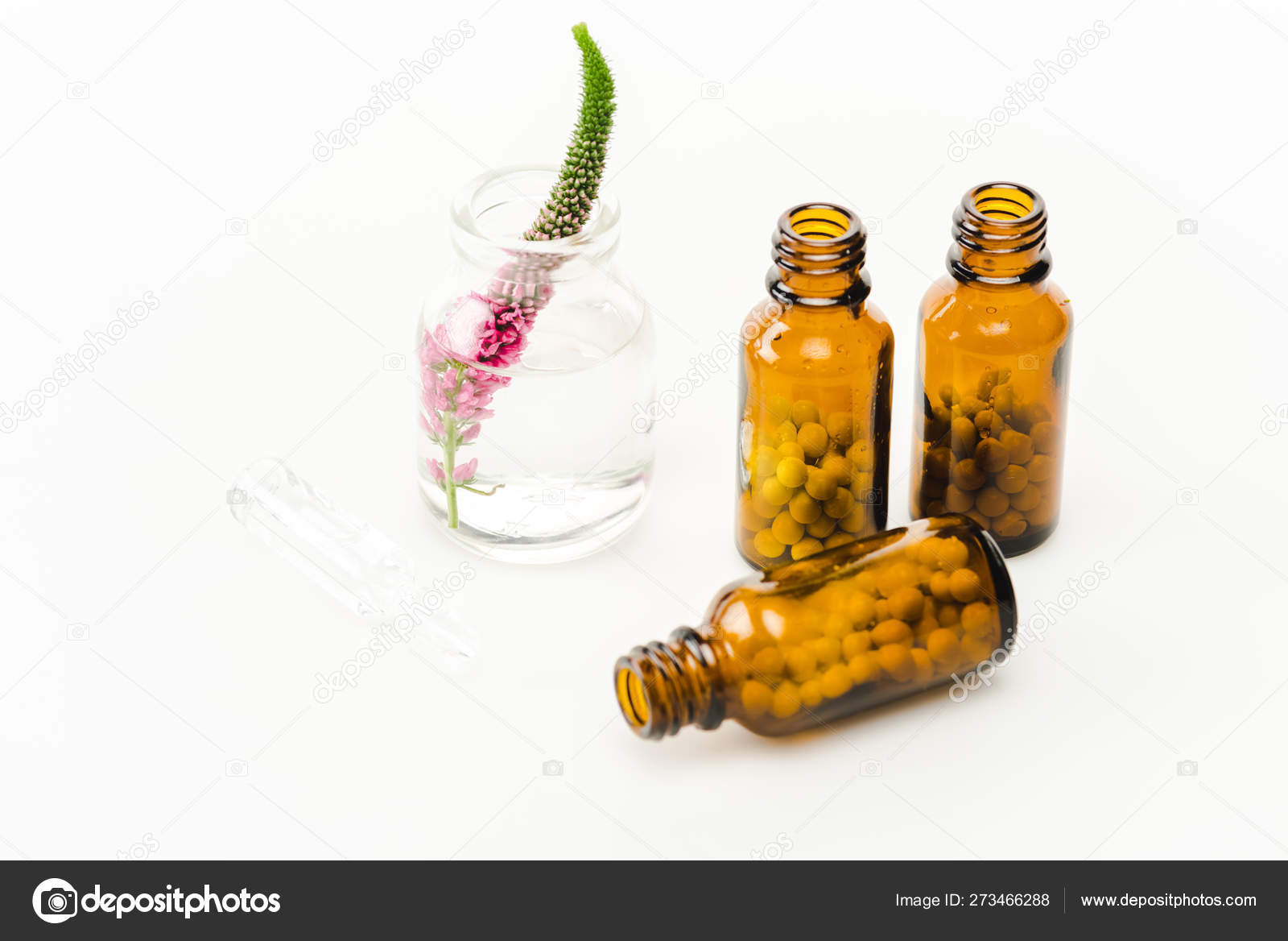 Pink Veronica Flower Glass Bottle Pills White — Stock Photo © IgorVetushko 273466288