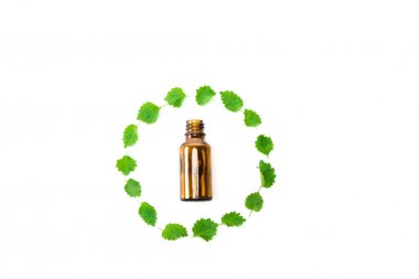 beyaz izole yeşil taze yapraklarıçerçeve yakın şişe üst görünümü 
