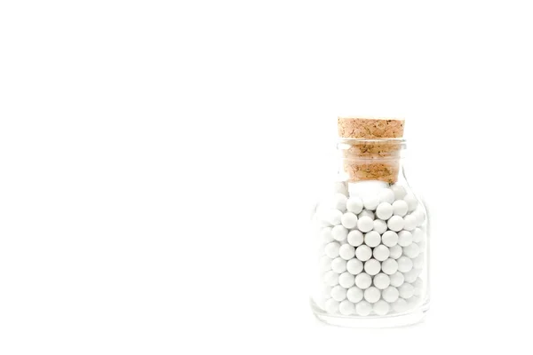 Small Pills Glass Bottle Wooden Cork Isolated White — Stock Photo, Image