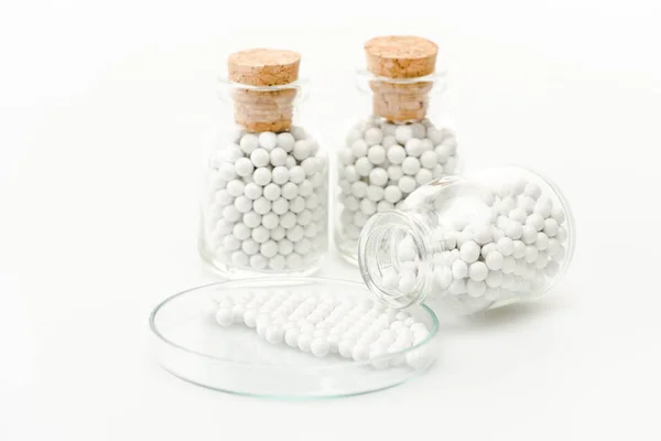 Selective Focus Pills Glass Petri Dish Bottles Wooden Corks Isolated — Stock Photo, Image