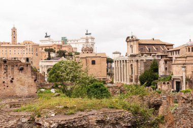 Roma, İtalya - 28 Haziran 2019: Gri gökyüzünün altındaki yeşil ağaçların yakınındaki eski binalardaki insanlar 