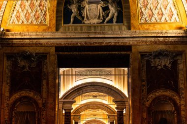 ROME, ITALY - JUNE 28, 2019: interior with bas-reliefs and sculptures in ancient building