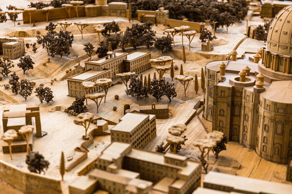 ROME, ITALY - JUNE 28, 2019: selective focus of maquette of ancient Rome in Vatican Museum