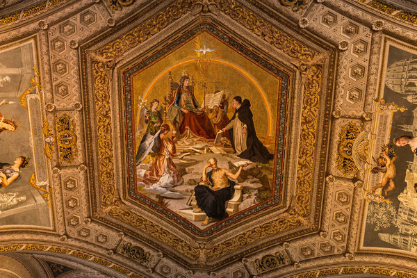 ROME, ITALY - JUNE 28, 2019: ceiling with ancient frescoes in vatican museums