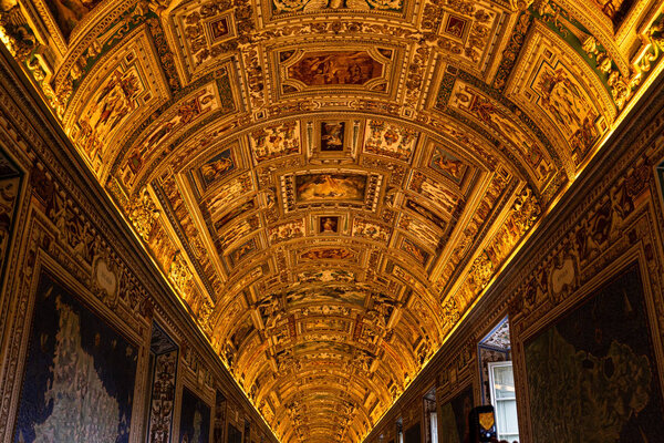 ROME, ITALY - JUNE 28, 2019: ceiling with ancient frescoes in vatican museums