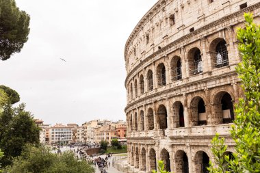 Roma, İtalya - 28 Haziran 2019: Gri gökyüzünün altında kolezyum ve yeşil ağaçların kalıntılarının yakınında yürüyen insanlar