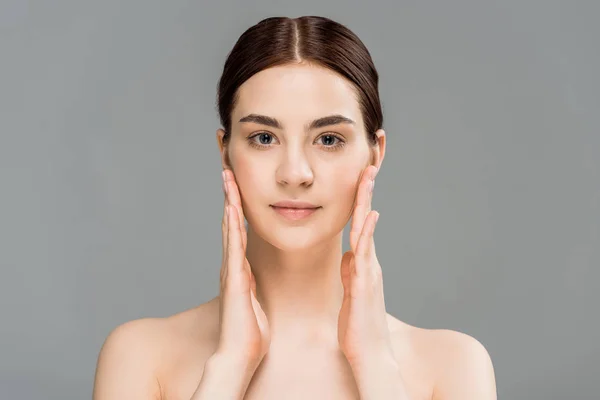 Young Naked Woman Looking Camera Touching Face Isolated Grey — Stock Photo, Image