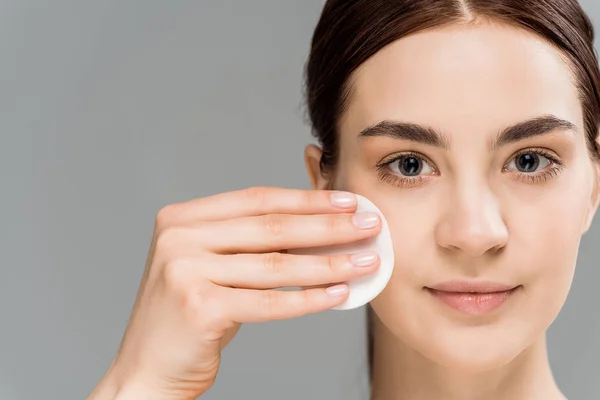 Beautiful Naked Woman Cleaning Face Cotton Pad Isolated Grey — Stock Photo, Image