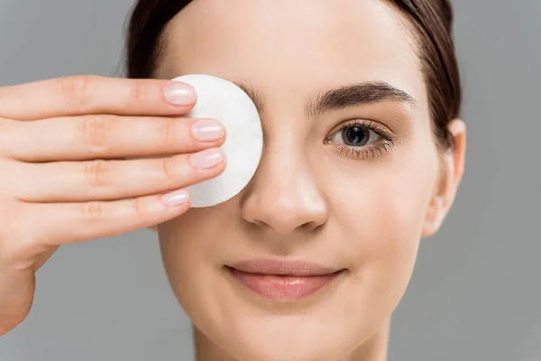 Close Cheerful Naked Woman Covering Eye Cotton Pad Isolated Grey — Stock Photo, Image