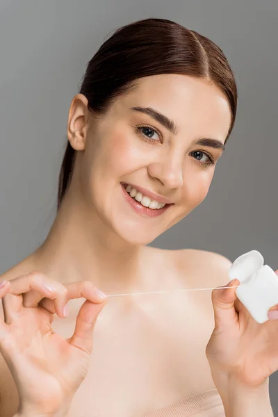 Cheerful Woman Holding Dental Floss Smiling Isolated Grey — Stock Photo, Image