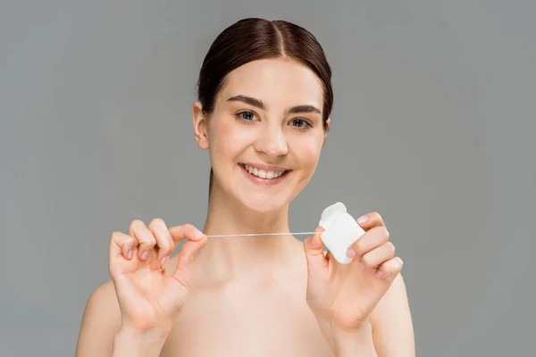 Cheerful Naked Woman Holding Dental Floss Smiling Isolated Grey — Stock Photo, Image