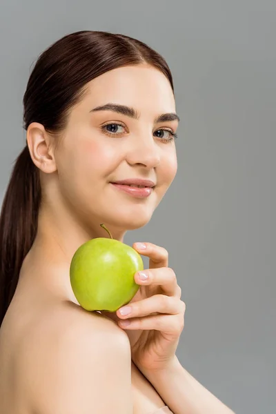 Brunette Nude Woman Holding Green Apple Shoulder Isolated Grey — Stock Photo, Image