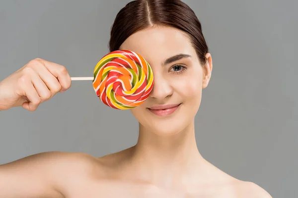 Cheerful Naked Woman Covering Eye Colorful Lollipop Isolated Grey — Stock Photo, Image