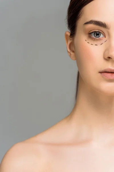 Cropped View Young Naked Woman Marks Face Looking Camera Isolated — Stock Photo, Image