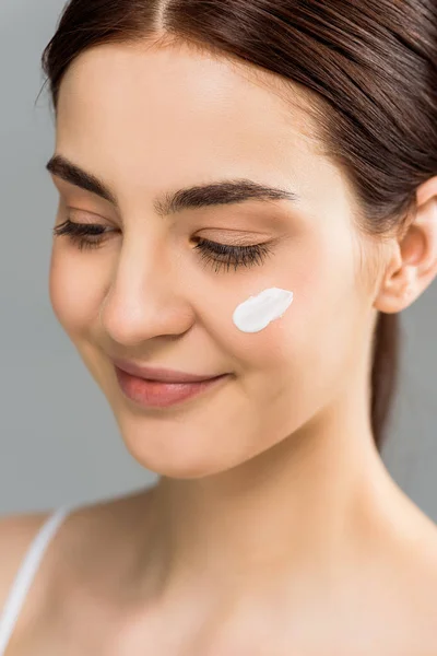 Close Cheerful Brunette Girl Face Cream Face Isolated Grey — Stock Photo, Image