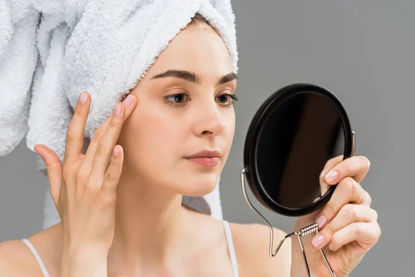 Attractive Young Woman Towel Head Looking Mirror Isolated Grey — Stock Photo, Image
