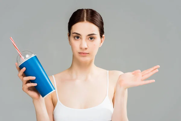 Woman Acne Face Gesturing While Holding Plastic Cup Straw Isolated — Stock Photo, Image